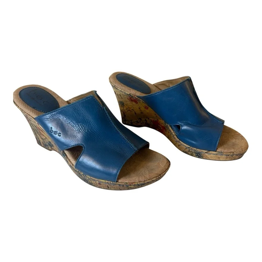 B.O.C Woman's Blue Leather Open Toe Slide On Wedge Sandal Shoe 9M‎